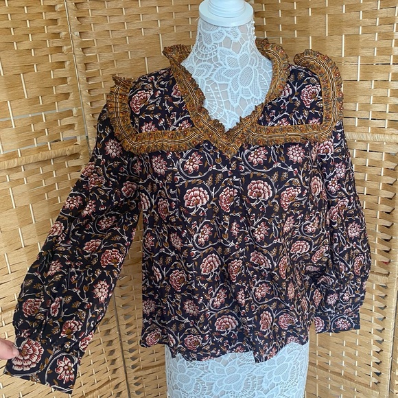 NWT Anthropologie Othilia Sera Ruffled Blouse Womens Top Neutral Multi Medium - Picture 4 of 14